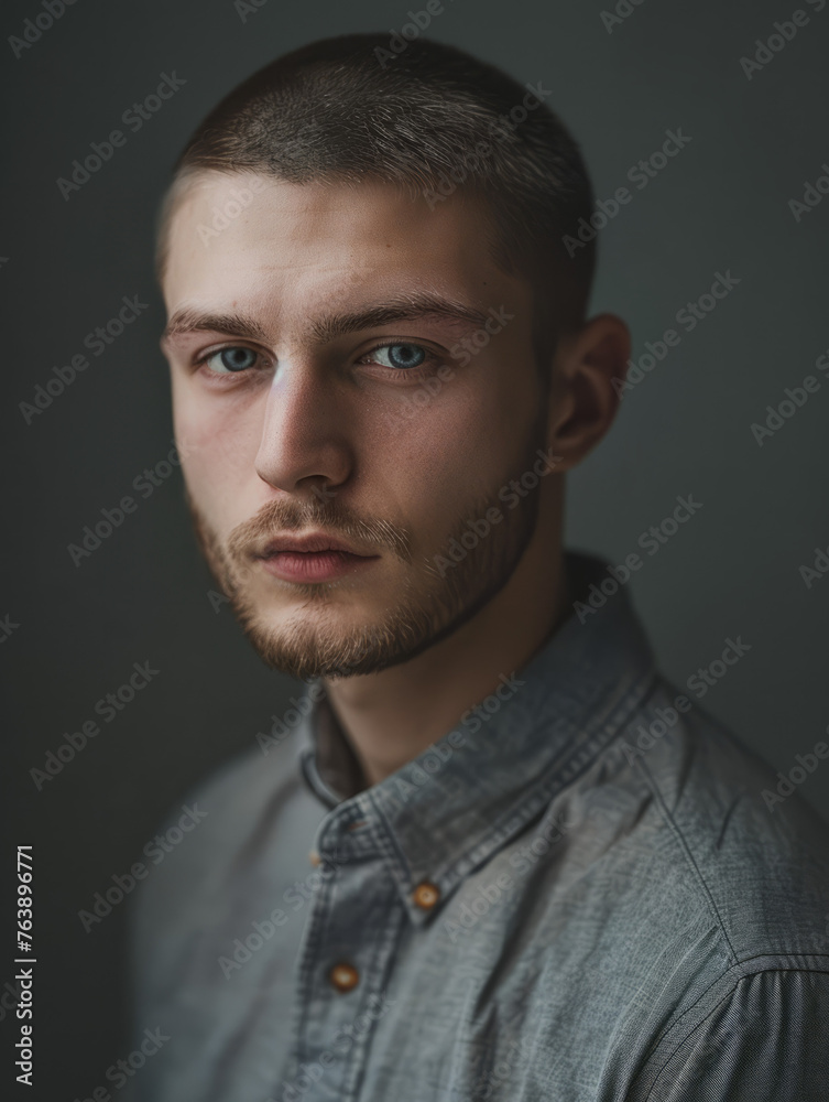 A portrait of a young, blue-eyed man gazing at the camera with an intense expression The neutral background accentuates his facial features A portrait of a young, blue-eyed man gazing at the camera with an intense expression The neutral background accentuates his facial features