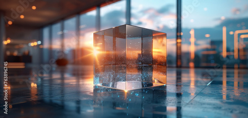 A glass cube with a reflection of a blurred city lights in it on a reflective surface with a blurry background.