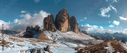 Photo of the Dolomites in Italy, panorama of three peaks with sharp mountain top rocks