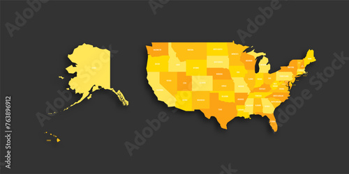 United States of America political map of administrative divisions - states and federal district Washington, D.C. Yellow shade flat vector map with name labels and dropped shadow isolated on dark grey