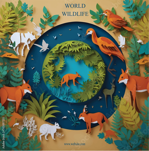 World Wildlife Day concept, different paper style animals around the earth, save animal concept