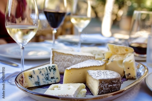 closeup of a cheese platter paired with wine glasses on a table