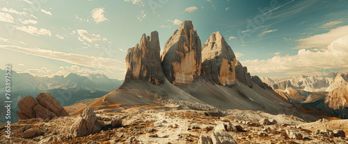 Photo of the Dolomites in Italy, panorama of three peaks with sharp mountain top rocks
