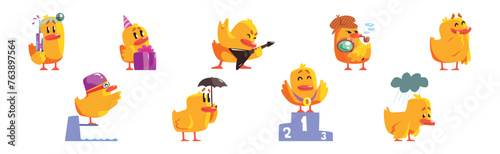 Funny Chick Character in Different Activity Vector Set © topvectors