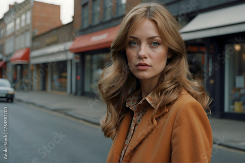 1970s Era Image of a Woman on a City Street with Brown Hair and Jacket Plus Floral Blouse