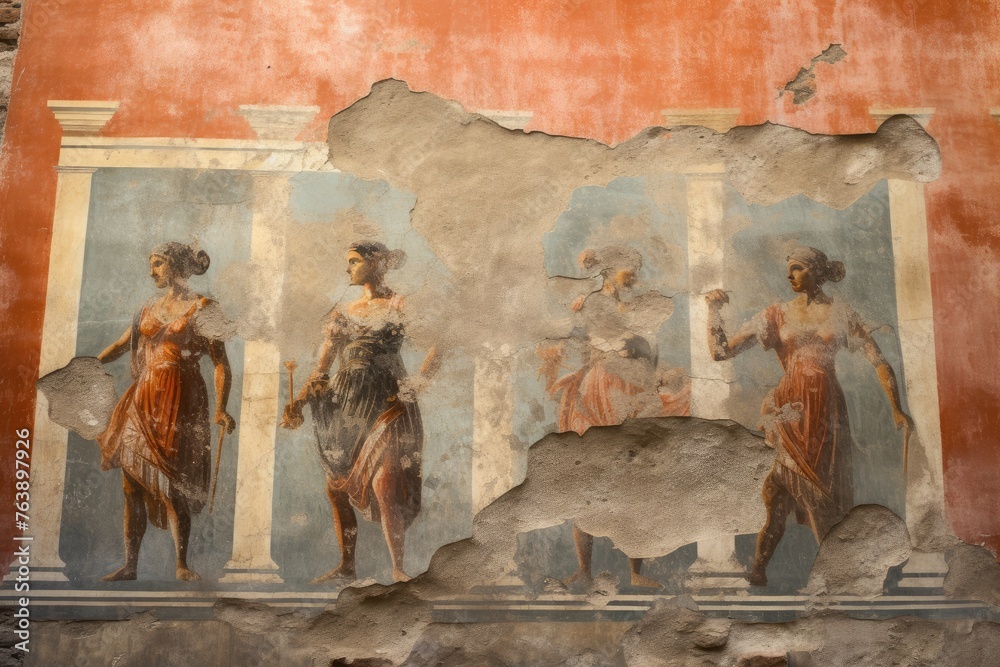 A close-up of the ancient city of Pompeii's preserved frescoes in Italy. A close-up of the ancient city of Pompeii's preserved frescoes in Italy.