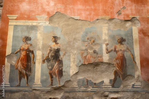 A close-up of the ancient city of Pompeii's preserved frescoes in Italy. photo