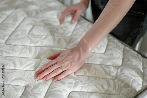 shopper touching crib mattress for comfort