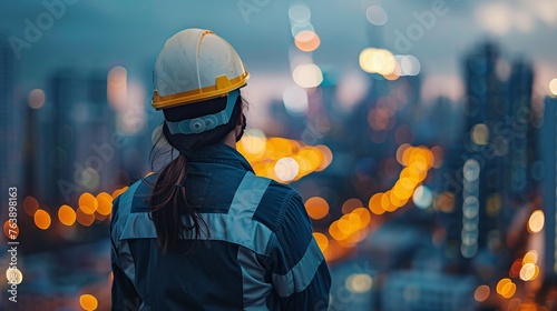 closeup of an engineer from the back side standing and overlooking the city skyline as infrastructure and development projects unfold