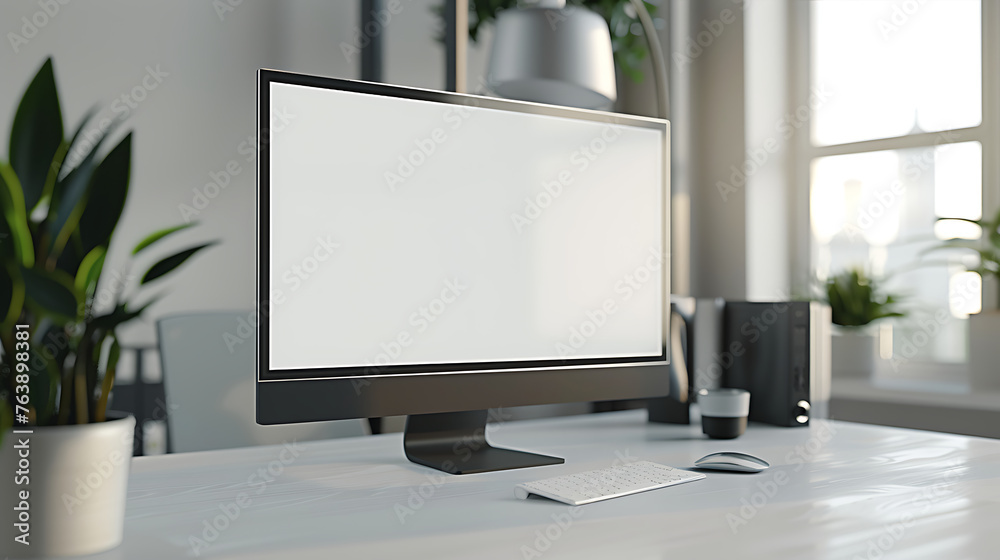 mockup close up shot with focus on banner space centered on a desk. white clean scene. Generative Ai mockup close up shot with focus on banner space centered on a desk. white clean scene. Generative Ai