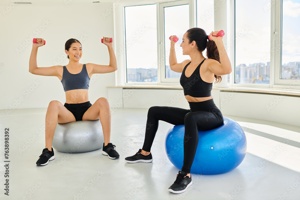 happy diverse female friends exercising with dumbbells on fitness balls during pilates class happy diverse female friends exercising with dumbbells on fitness balls during pilates class