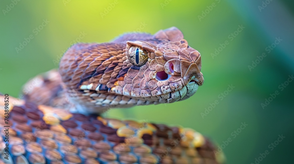 Obraz premium a venomous green rattlesnake lies in wait camouflaged against a green backdrop captured in stunning closeup detail