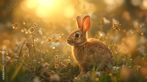 In a springtime meadow, a curious brown rabbit is surrounded by colorful blooming flowers.