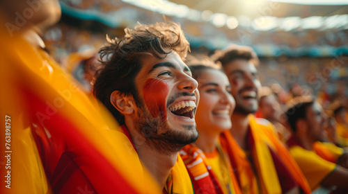 Young male soccer fan with beaming smile shows national pride at crowded sports stadium event.
