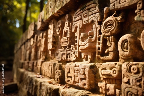 A close-up of the Mayan glyphs at Copan, Honduras. photo