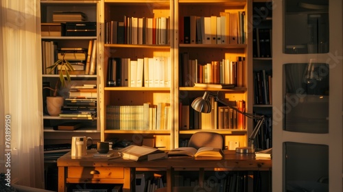 Cozy Home Office with Bookshelves and Warm Sunset Light