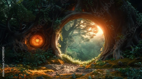 Magic portal in an elven forest. Published digitally. Illustration. Painting. Hyper-realistic. 3D illustration...