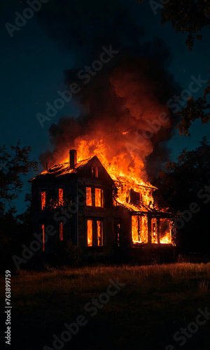 The image portrays a haunting scene of a two-story house consumed by a raging fire at night, with flames tearing through the structure and smoke billowing into the dark sky.