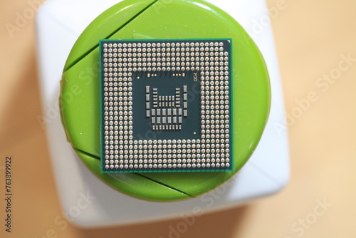 pins microchip  on Main CPU PC processor circuit board macro shot