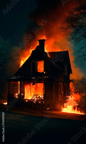 Engulfed in flames, this house fire image is a stark reminder for fire safety and emergency preparedness discussions.