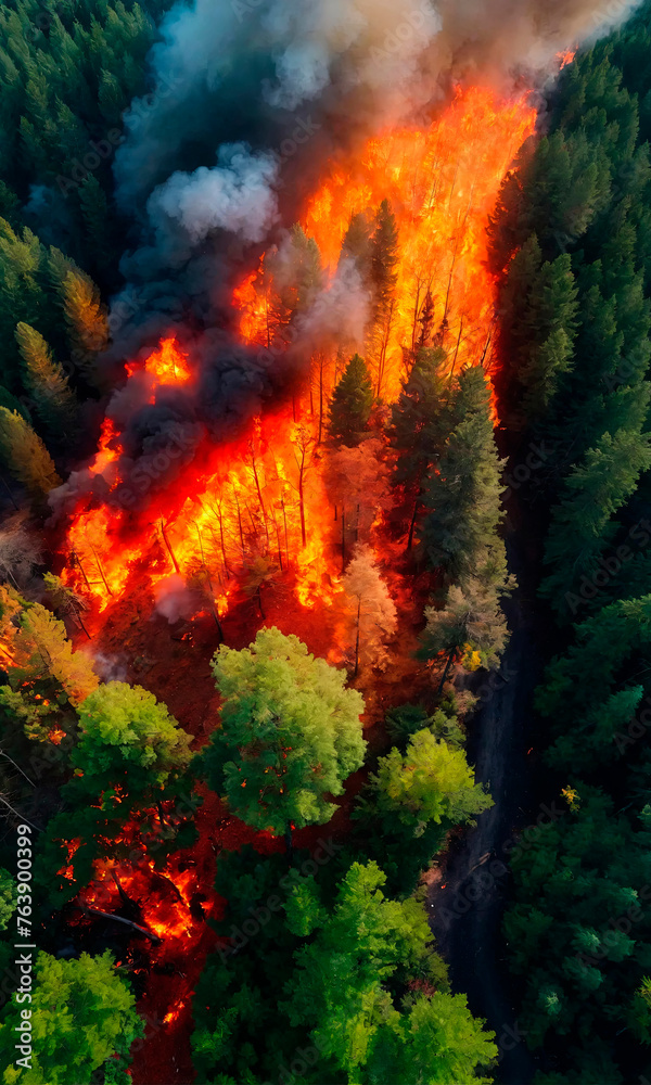 Aerial view of a forest fire, a dramatic image for environmental and climate change education and awareness.