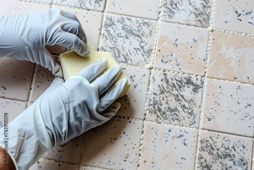 person in rubber gloves using a sponge to scrub grout between tiles, cleaning microbes photo