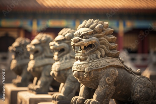 A detailed shot of the lion statues at the Forbidden City in Beijing, China. © OhmArt