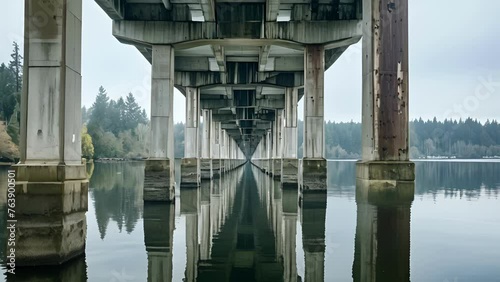 Massive concrete supports rise from the depths bearing the weight of a grand bridge that links two distant landscapes. photo