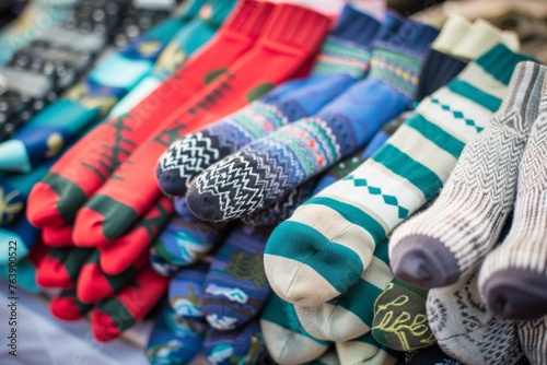group of mismatched socks on sale clearance table photo