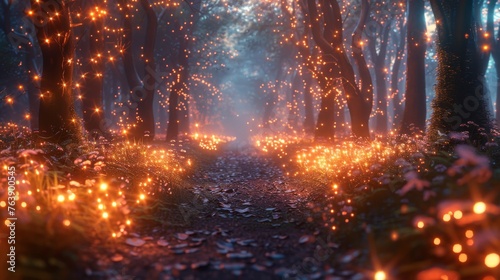 Fantasy forest with magical glow. Night forest with magical glow. Abstract forest, magic, fantasy, lighting, neon. 3D illustration. 3D render. © DZMITRY