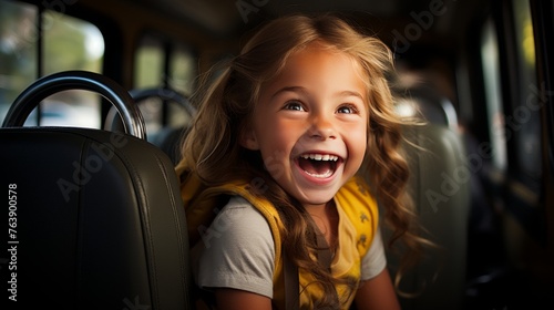 Smiling schoolgirl with backpack boarding the school bus, ready for back to school adventure photo