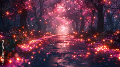 Fantasy fairy forest. Night forest landscape with magical glow. Forest, magic, fantasy, night, lights, neon. 3D illustration. © DZMITRY