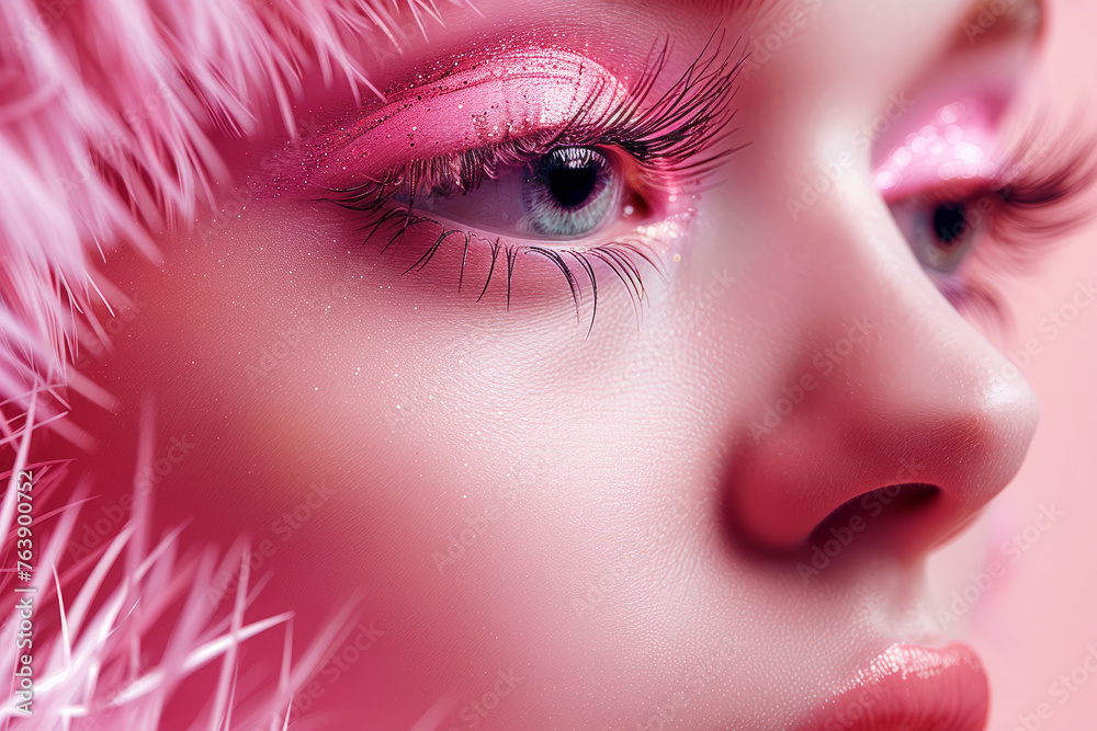 Fototapeta premium Three different views of a woman's eyes with long lashes. the woman's eyes closed, her eyes open with mascara. top trends in the design of this season's false eyelashes. Multiple collective image.