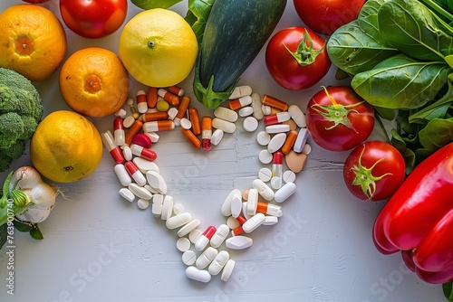 pills arranged in a heart shape around fresh produce
