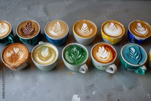 latte cups lined up with varying stages of art complexity