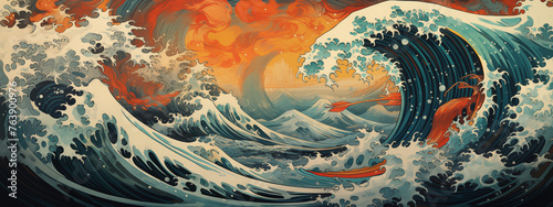 Dynamic Ocean Waves with Fiery Red Background