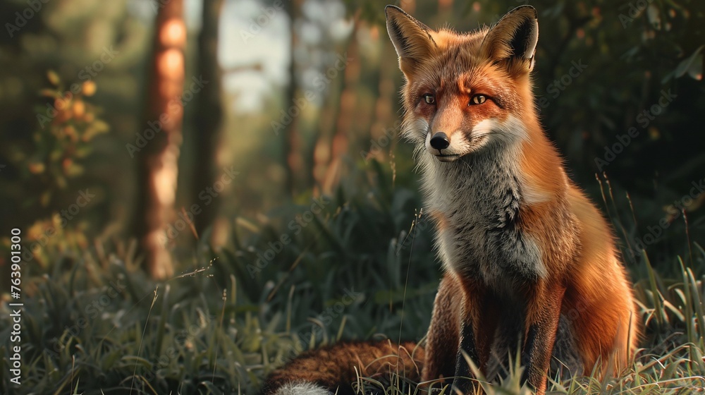 Naklejka premium a red fox sits amidst the greenery in this detailed closeup taken in a lush forest habitat