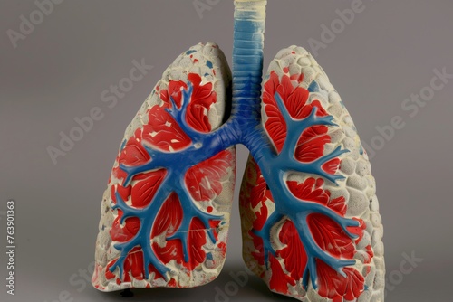 lung model with red and blue areas indicating oxygenated and deoxygenated areas photo