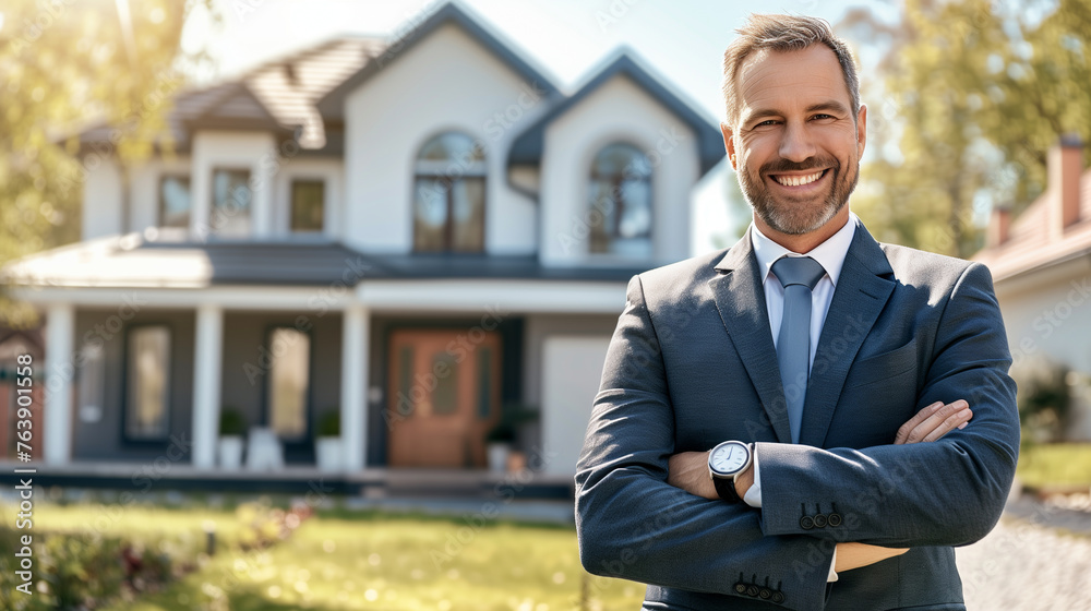 Smiling male real estate agent with a beautiful house in the background Smiling male real estate agent with a beautiful house in the background
