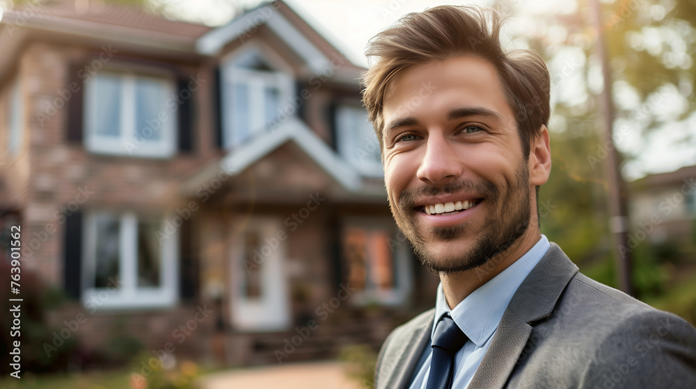 Smiling male real estate agent with a beautiful house in the background Smiling male real estate agent with a beautiful house in the background