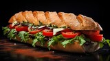 Italian sub sandwich on blurred, deli sandwich with copy space for text