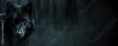 A stern looking looking black wolf with glowing red eyes. header banner template. sharp teeth. sharp fangs, black background, smokey ambience with copy space for text