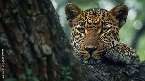 male leopard lounging in the forest captured in a closeup that highlights the predator's peaceful side photo