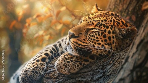 wild male leopard finds tranquility on a tree a closeup view of nature's majestic feline in the forest