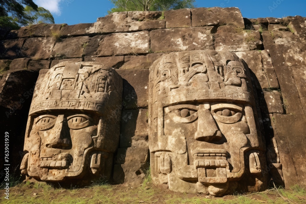 Fototapeta premium The carvings on the faces of the giant Olmec heads in La Venta, Mexico.