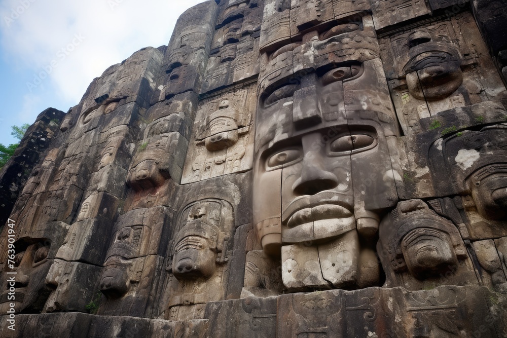Fototapeta premium The carvings on the faces of the giant Olmec heads in La Venta, Mexico.