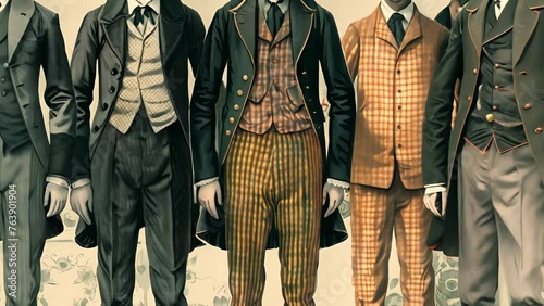 A series of images depicting the evolution of mens fashion from the tailored suits and top hats of the 19th century to the more casual and relaxed styles seen in the 1960s photo