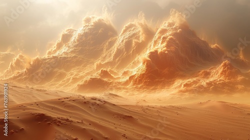 Fantasy desert landscape with clouds and sand storms. 3D rendering. Raster illustration...