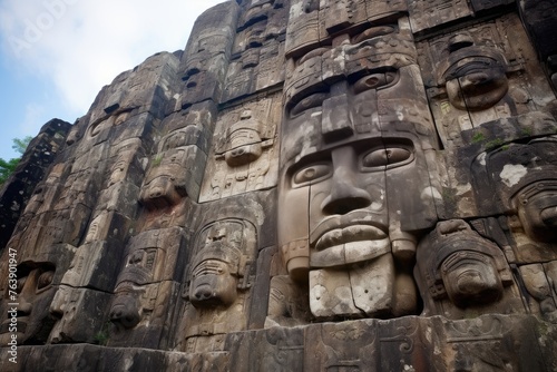 The carvings on the faces of the giant Olmec heads in La Venta  Mexico.