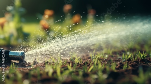 Automatic lawn sprinkler watering green grass, garden irrigation system, water saving